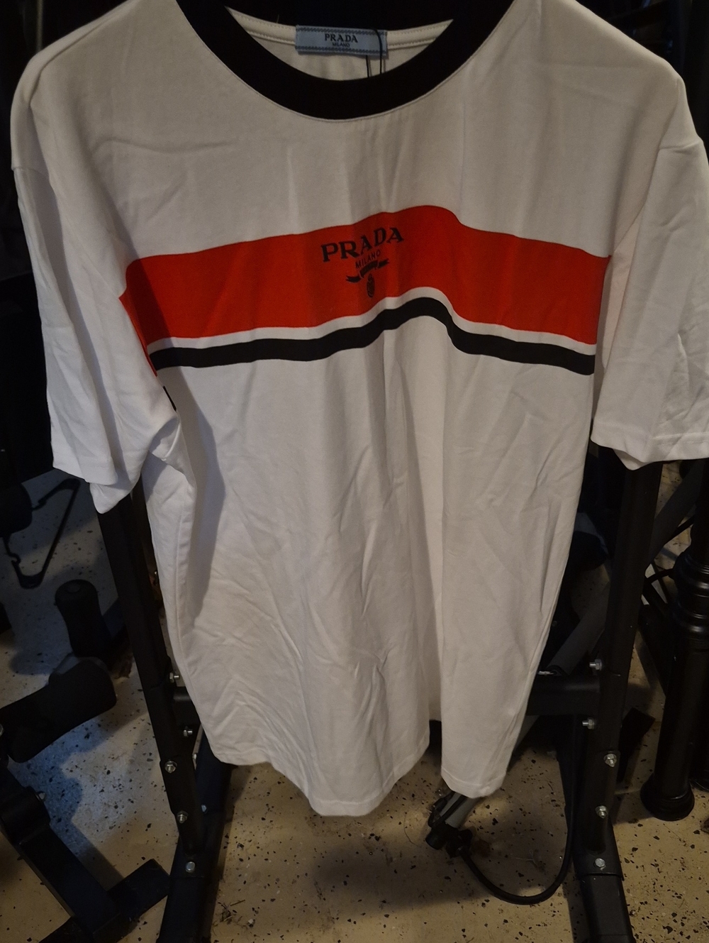Prada White Short-Sleeve Tee with Red and Black Stripes
